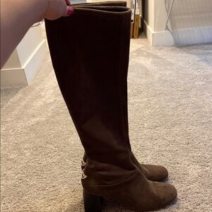 Tory Burch Dark Brown Suede Knee-High Boots with Logo Heel Accent